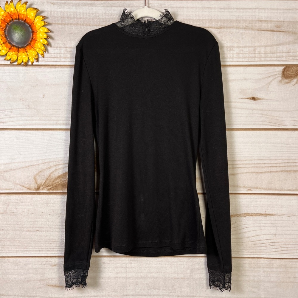 Pieces PCERICA LS Lace Top Black Mock Neck Eyelash Lace Trim Blouse XS knit